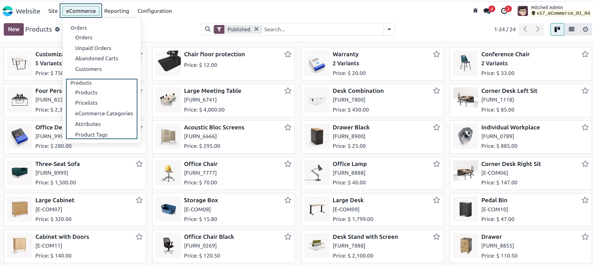 Odoo ecommerce products list
